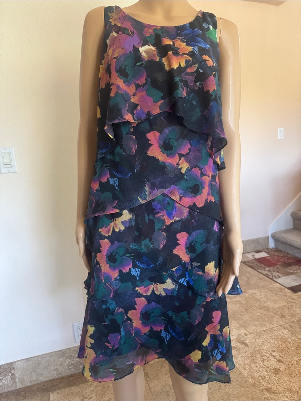 MSK (no tags) Layered Fully Underlined Floral A-Line Dress - Multicolor, Size M.